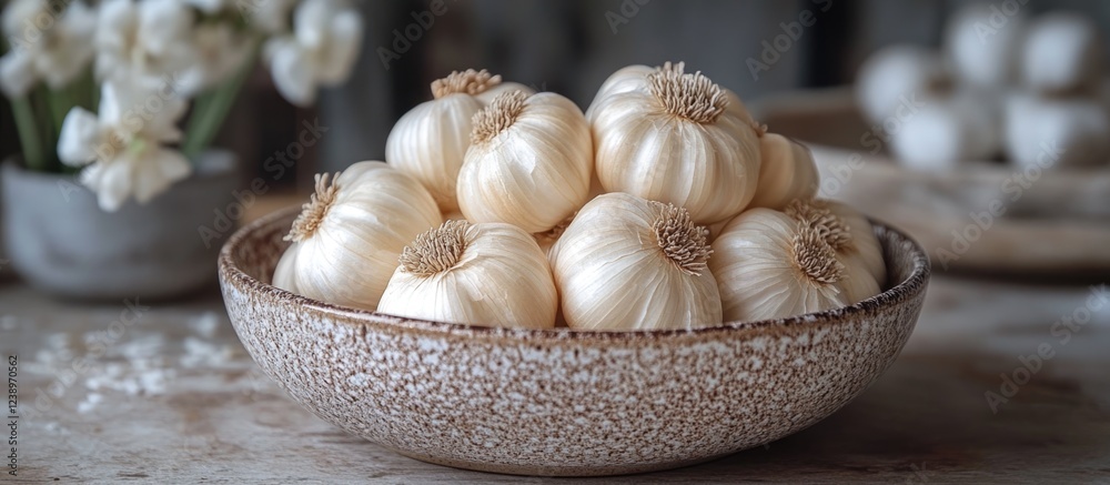Poster fresh garlic bulbs displayed in a textured ceramic bowl with natural lighting and a soft background,