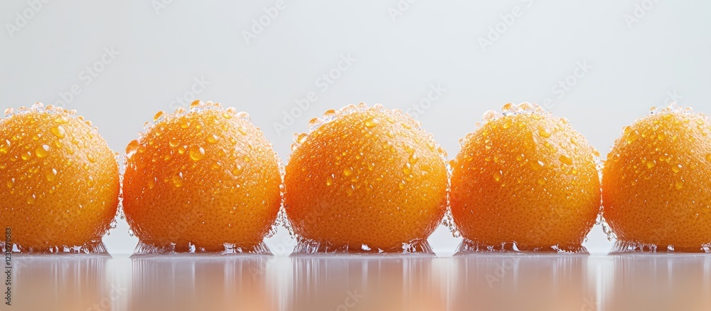 Aufkleber Fresh oranges with water droplets arranged in a line on a reflective surface with soft background for food photography Copy Space