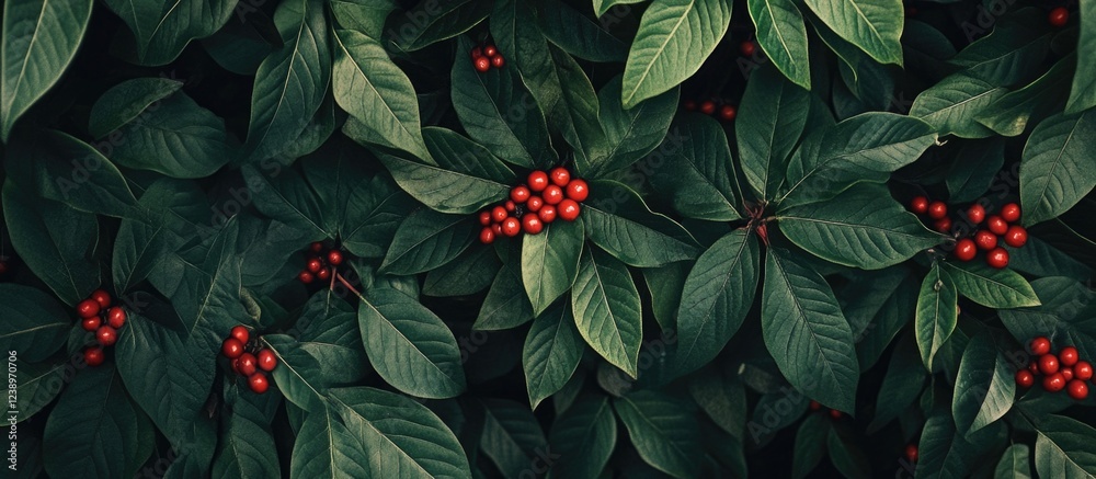 Poster lush green leaves with clusters of bright red berries filling the frame natural background with copy