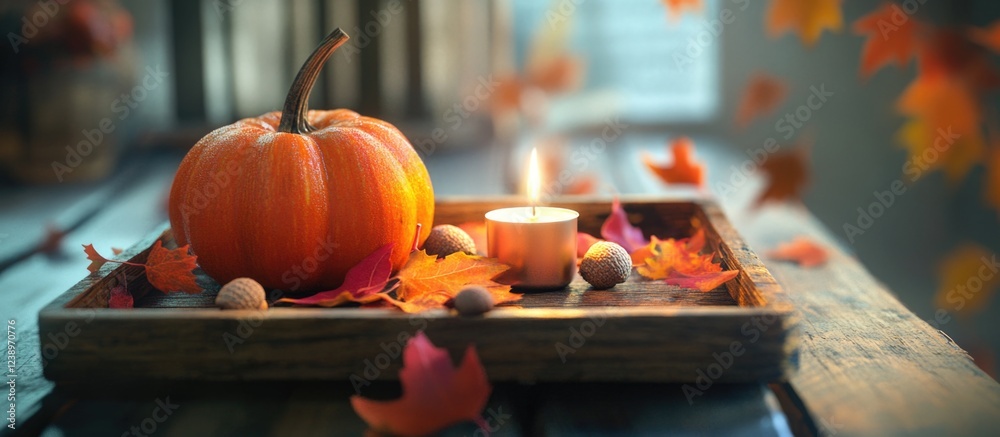 Poster autumn still life composition featuring a pumpkin and candle on a rustic wooden tray surrounded by c