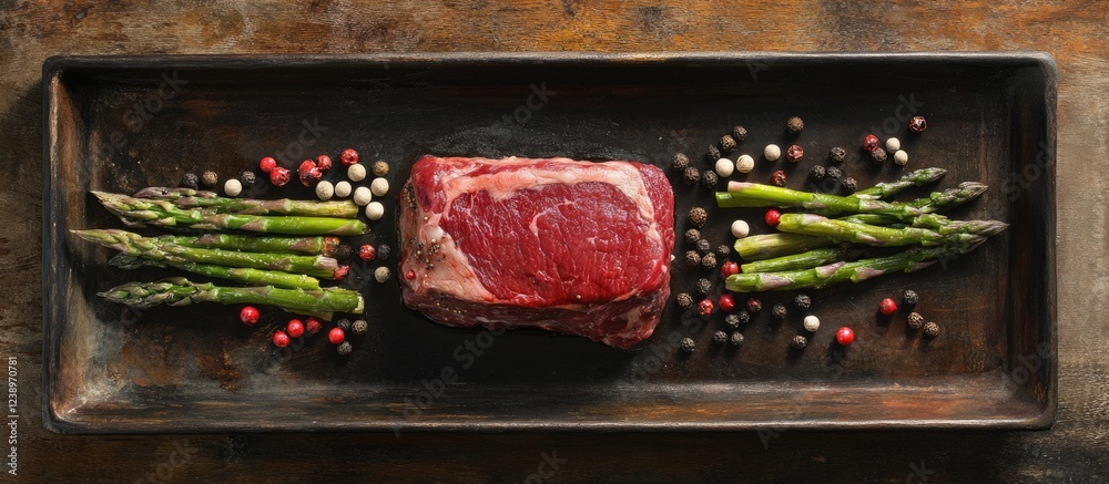 Poster raw beef steak surrounded by asparagus and assorted peppercorns on a wooden serving platter with cop