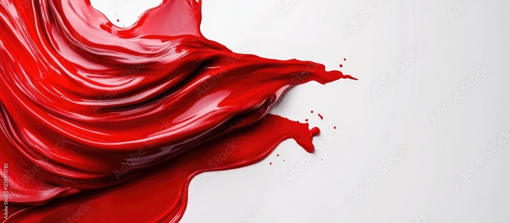 Poster red paint splash on white background with fluid texture and drips, creative artistic design element,
