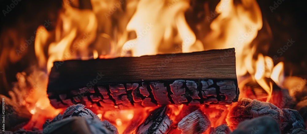 Poster burning firewood with glowing embers in a fireplace creating warm orange flames and light against a 