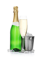 Champagne and bucket with ice isolated on white