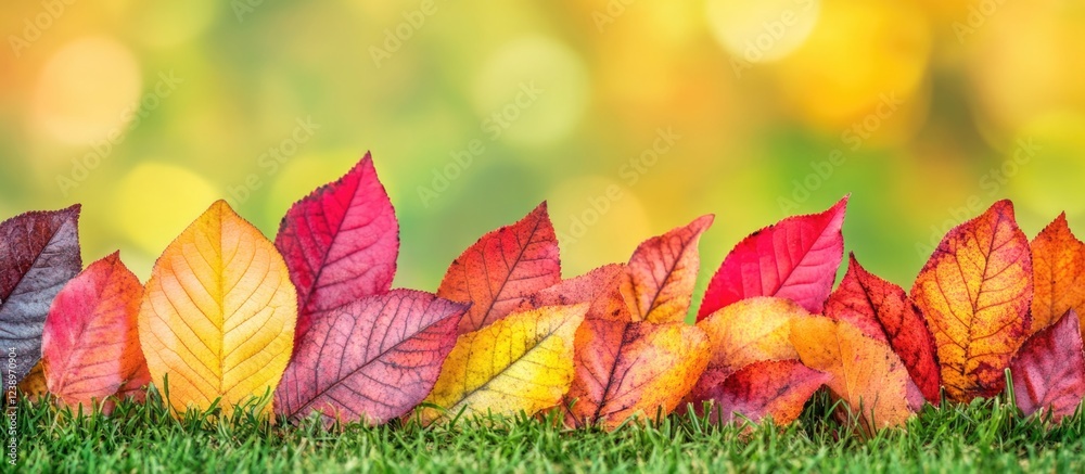 Poster colorful autumn leaves on grass with a blurred bokeh background in warm tones copy space