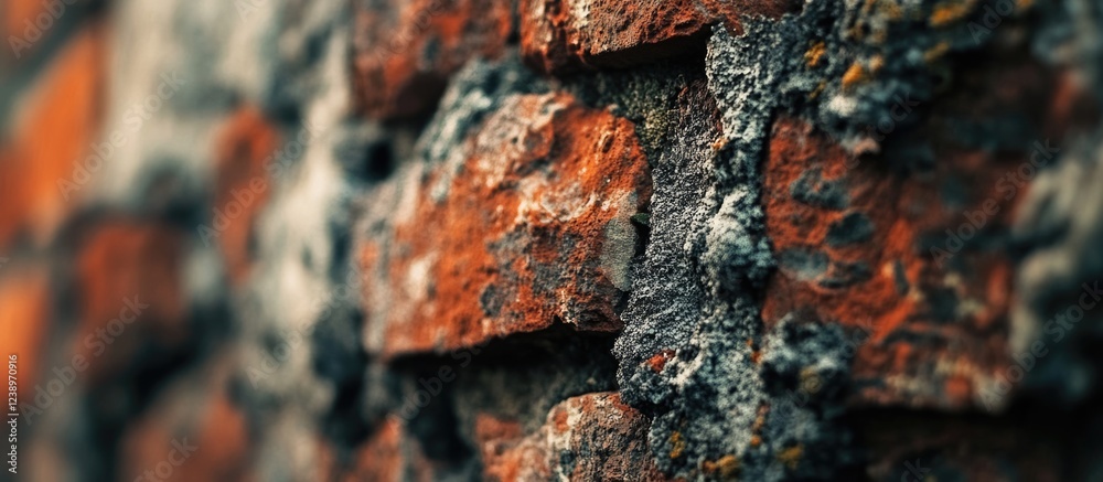 Poster close-up of weathered brick wall with textured surface and moss highlighting details, suitable for b