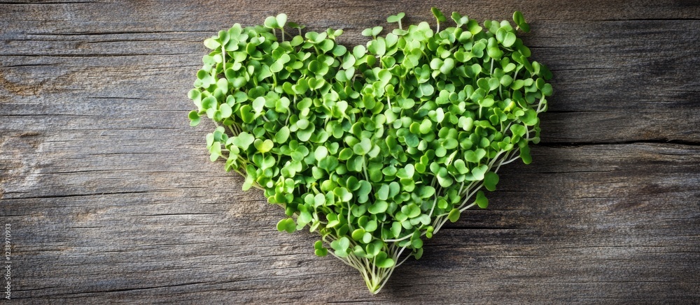 Aufkleber Green microgreens arranged in a heart shape on rustic wooden background with ample copy space for text