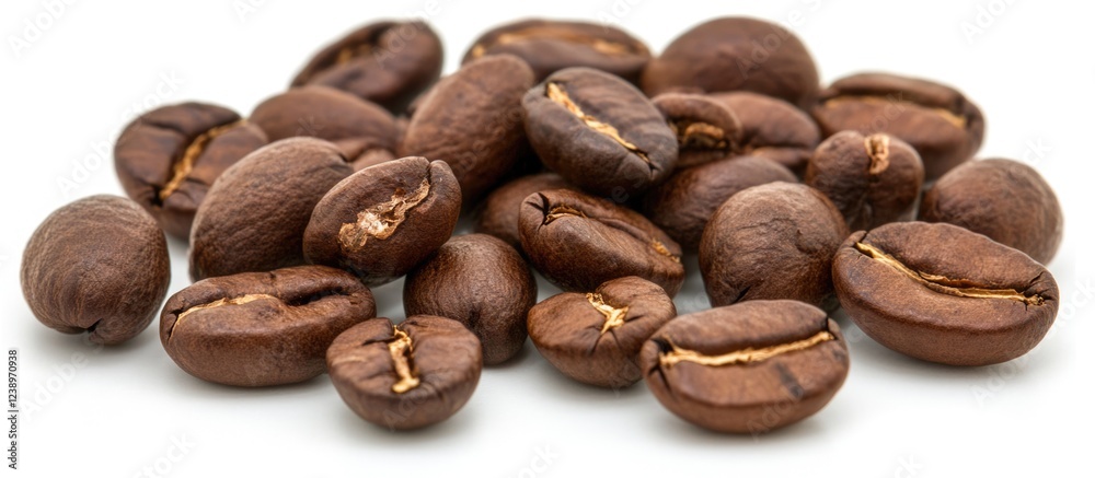 Aufkleber Brown coffee beans arranged on a white background with soft shadows and ample Copy Space for text placement.