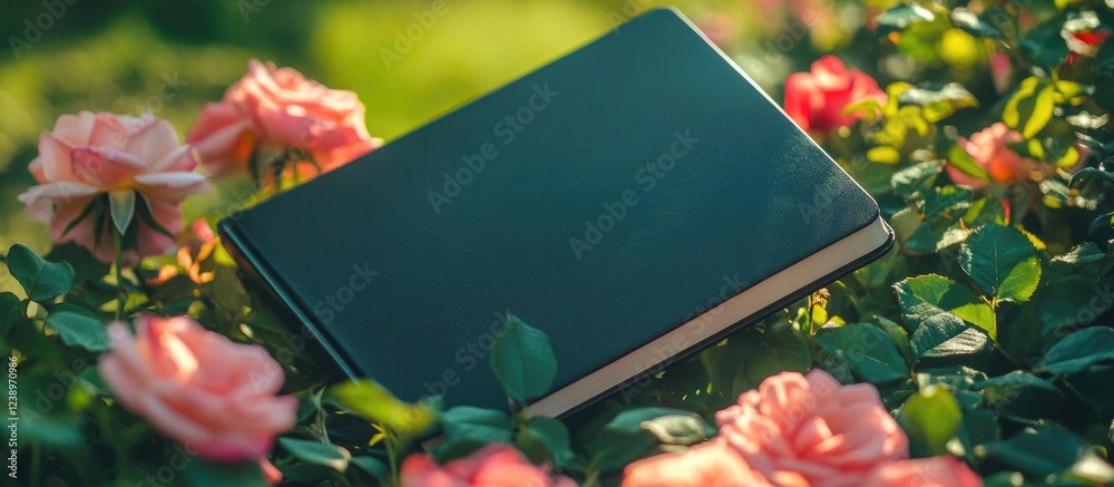 Poster black notebook resting on pink roses with blurred background and natural light showcasing greenery a