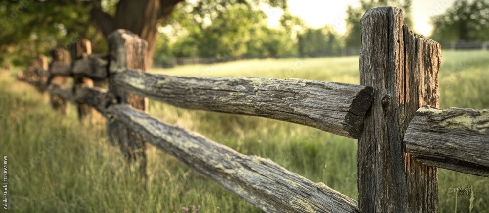 Poster weathered wooden fence in a green field with trees in the background during golden hour light copy s