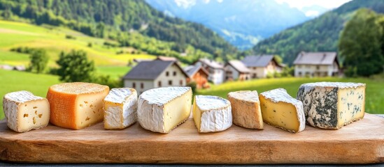 Fototapeta premium Assorted cheese varieties arranged on a wooden board with a scenic mountain village background and natural greenery Copy Space