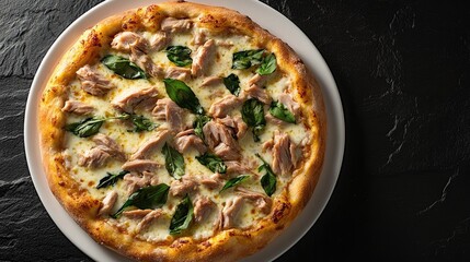 A freshly baked tuna and mozzarella pizza on a white plate, resting on a black stone background, captured from a top-down view.