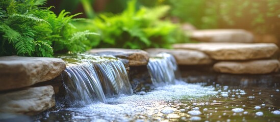 Obraz premium Tranquil garden waterfall cascading over stones surrounded by lush green ferns with natural light and soft reflections Copy Space