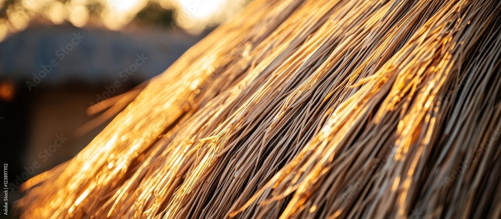 Poster detailed close-up of thatched roof with sunlit grass strands creating a warm glow copy space