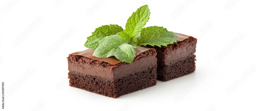 Poster chocolate brownies with mint leaves on top displayed on a white background with copy space