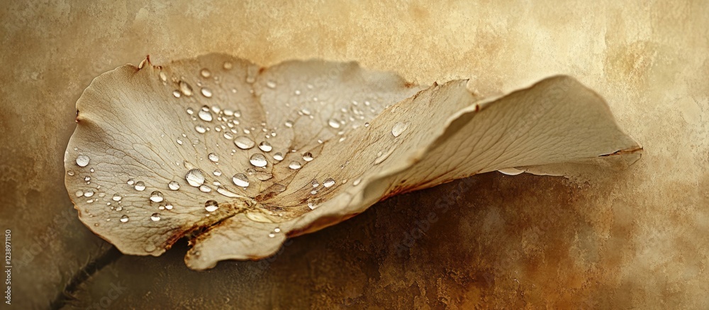 Poster Detailed close-up of a delicate flower petal with water droplets on a textured brown background suitable for various design applications Copy Space