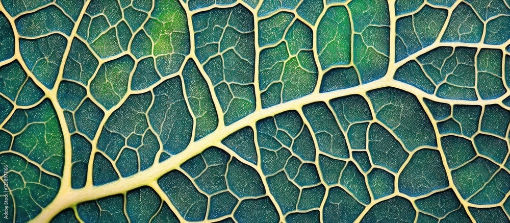 Poster close-up view of a leaf with intricate veins and textures in shades of green and yellow, offering de