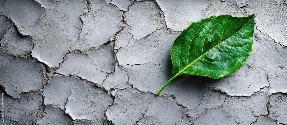 Poster Green leaf on cracked gray concrete surface with visible textures and patterns Copy Space