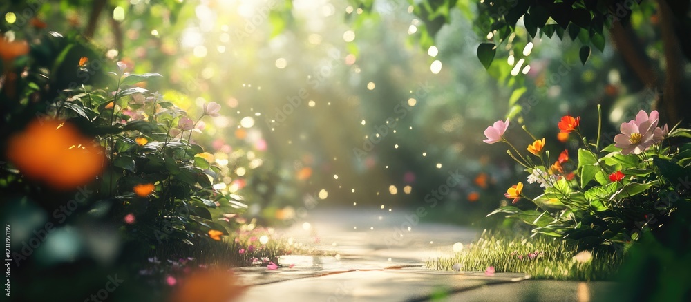 Aufkleber Lush garden pathway with blooming flowers and sunlight filtering through greenery, creating a tranquil natural scene with soft bokeh effect. Copy Space