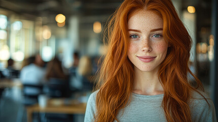 Obraz premium A young woman with vibrant red hair and freckles smiles warmly in a bustling café filled with patrons