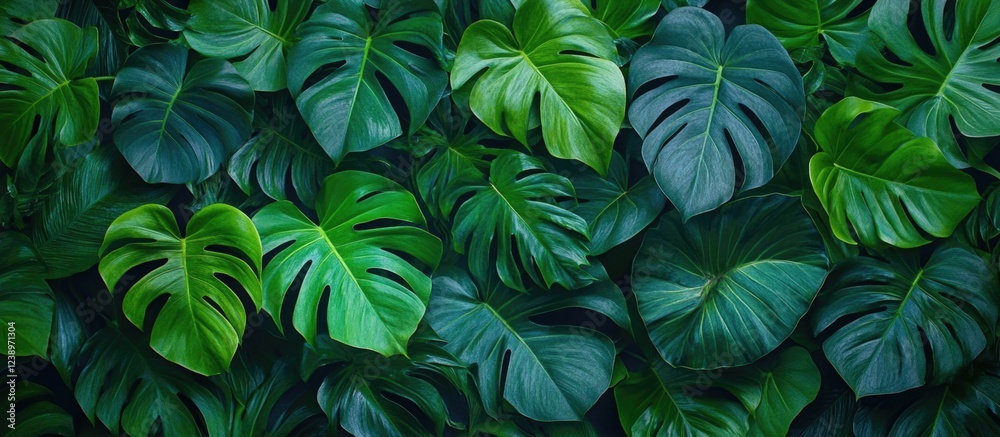 Aufkleber Tropical Monstera leaves background texture in deep green tones with natural patterns and Copy Space for text placement