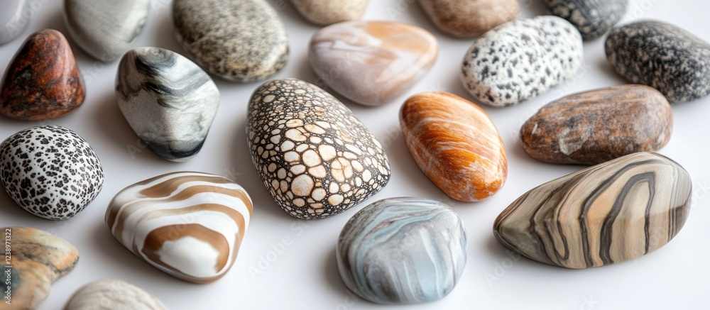 Aufkleber Various smooth decorative stones with unique patterns and colors arranged on a white background with Copy Space