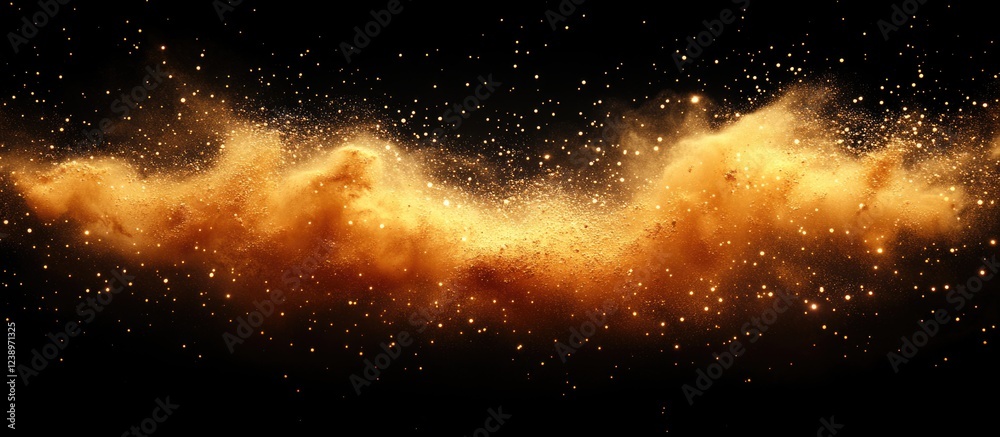 Poster golden dust particles in a cloud formation against a black background with shimmering stars and spac