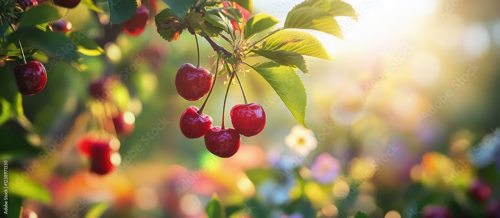 Aufkleber fresh ripe cherries hanging from branches in a garden with soft sunlight and blurred flowers in the 