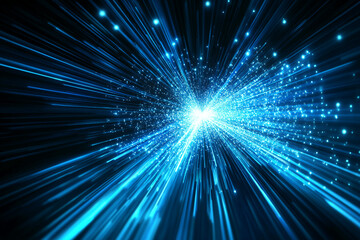 Obraz premium Abstract blue glowing light streaks radiating from a central point, symbolizing high speed, energy, and technology. The image showcases a dynamic futuristic concept with bright blue light beams.