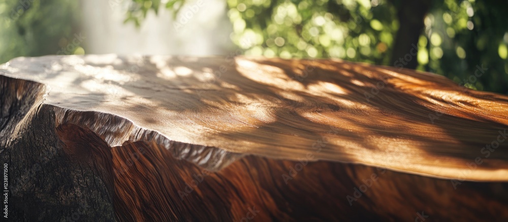 Aufkleber Close-up view of polished wooden surface with natural patterns and sunlight filtering through trees in background Copy Space