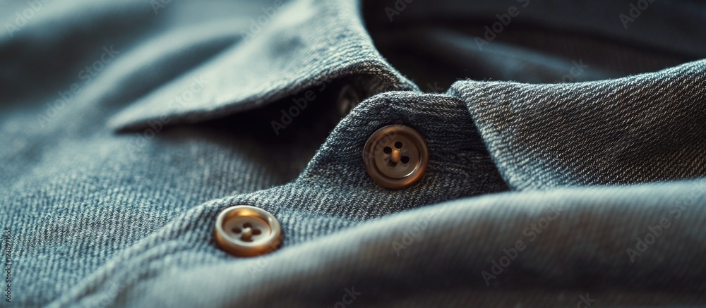 Poster close-up of denim shirt fabric with brown buttons and collar detail showing texture and stitching co