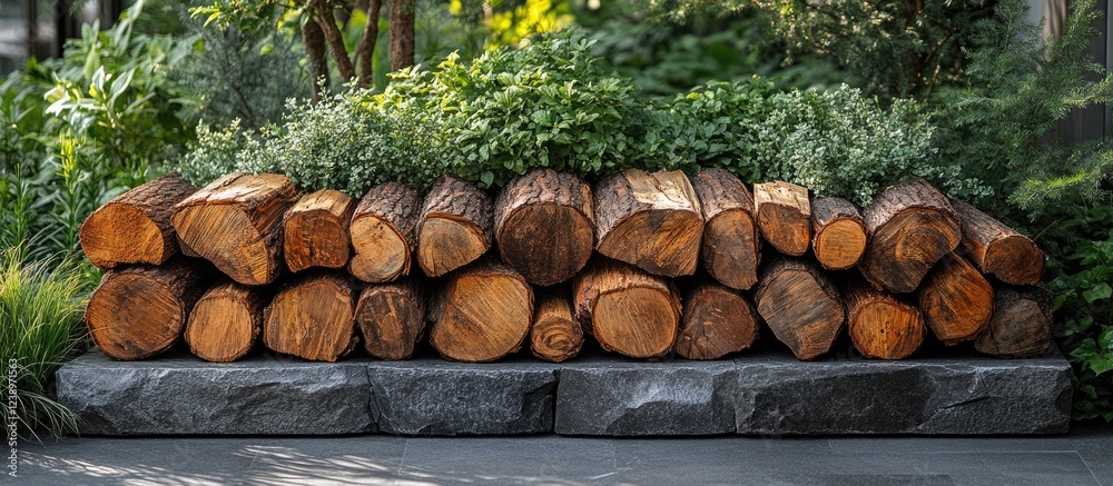 Aufkleber Stacked wooden logs with green foliage in a natural garden setting photo with stones in foreground and ample copy space for text