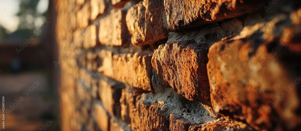 Poster close-up view of textured brick wall with warm lighting and shadows, showcasing rough surface and na