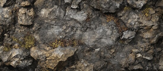 Naklejka premium Textured surface of a rugged rock wall with moss and lichen growth suitable for background use Copy Space