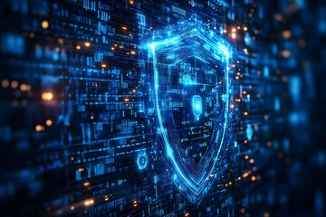 Fototapeta premium Futuristic Cybersecurity Shield with Digital Glow - High-Tech Concept of Data Protection, Security, and Technology Innovation
