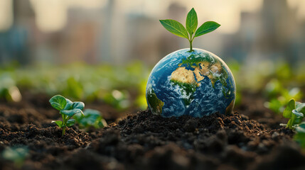 powerful image depicting a small globe emerging from rich soil, with vibrant green leaves sprouting from its top.