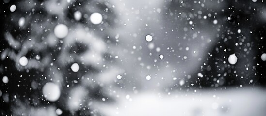 Snowflakes falling in a winter landscape with blurred trees in the background Copy Space