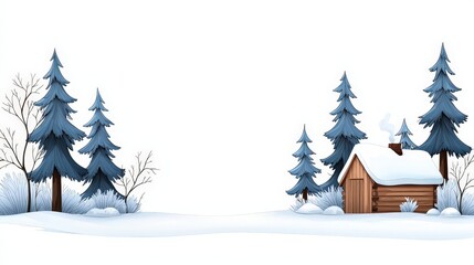 Fototapeta premium Cozy Winter Landscape with Snowy Pines and a Log Cabin in a Serene Cold Environment