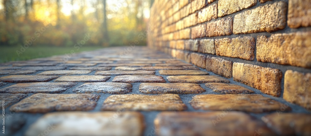 Poster brick pathway alongside a textured brick wall in a garden setting during golden hour with natural li