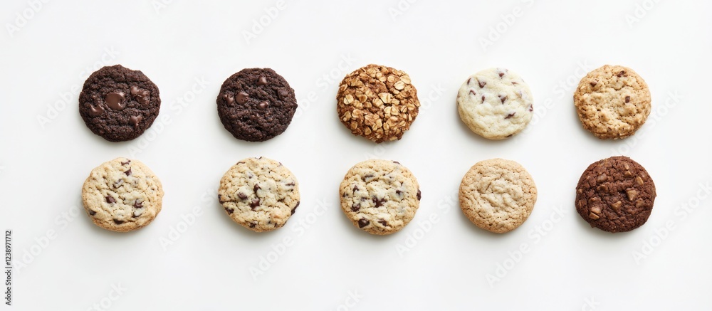 Poster Assorted cookies arranged in a row with a white background and copy space for text placement.