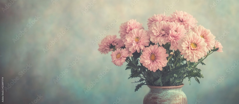Poster pink daisies in a vintage vase on a soft textured background with natural light and copy space for t