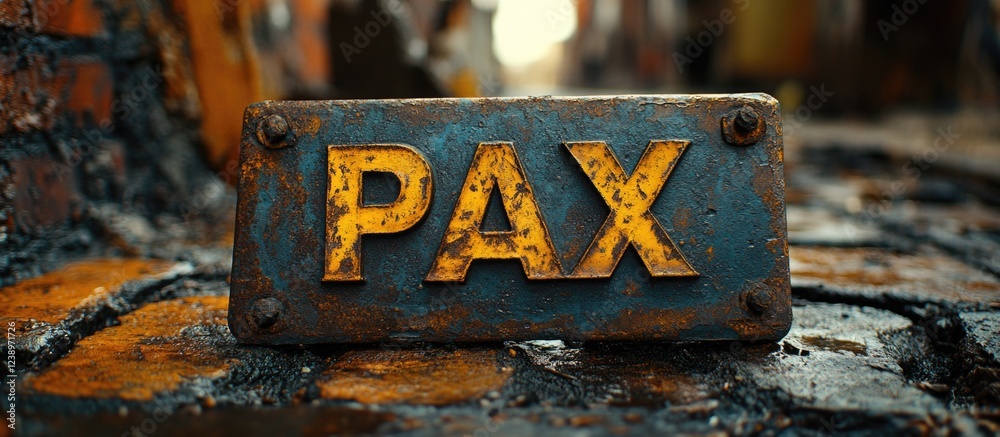 Poster rusty vintage metal sign displaying the word pax surrounded by a weathered urban backdrop with soft 