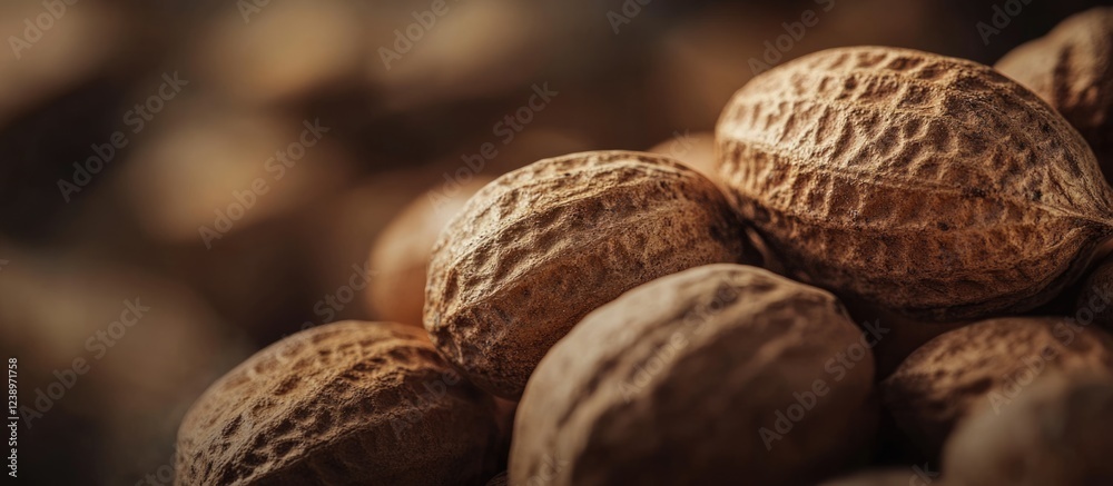 Poster Close-up view of textured brown walnut shells arranged in a natural setting with soft blurred background Copy Space