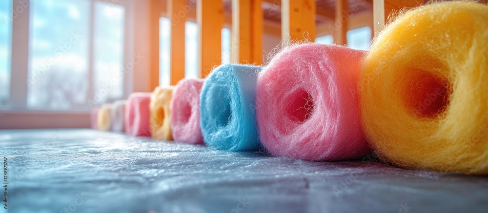 Poster colorful cotton candy rolls arranged in line with natural light streaming through large windows copy