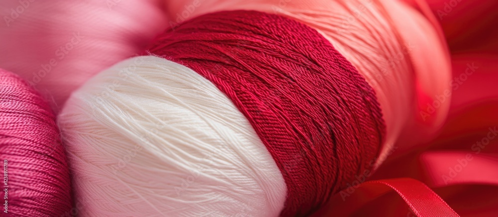 Poster colorful spools of thread in pink, white, and red with a soft background and texture copy space