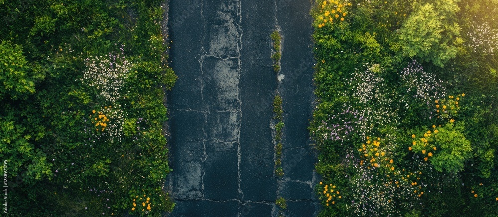 Poster aerial view of an overgrown asphalt road bordered by colorful wildflowers and greenery during daylig