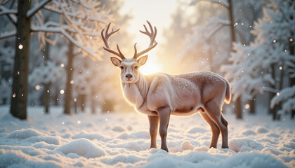 The Wheel of the Year. Reindeer standing in snowy forest during winter sunlight