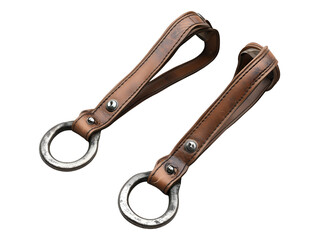 Two handmade leather straps with metal rings, perfect for hanging items, isolated on transparent background, PNG, cut out