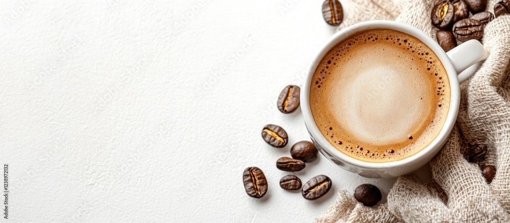 Aufkleber Cup of coffee with coffee beans on a textured fabric background and white surface with Copy Space