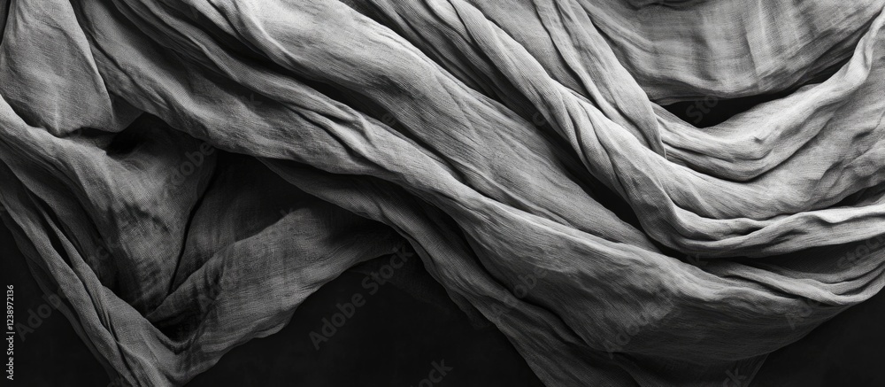 Poster Abstract flowing fabric texture in shades of gray against a dark background with Copy Space for text placement